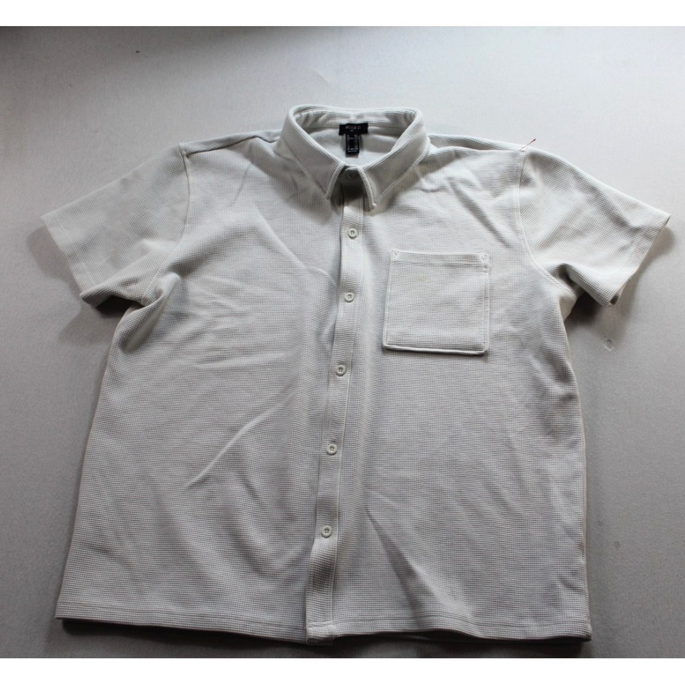 Forever 21 Men White Casual Button Down Shirt Heavy Waffle Knit Pocket Size XXL